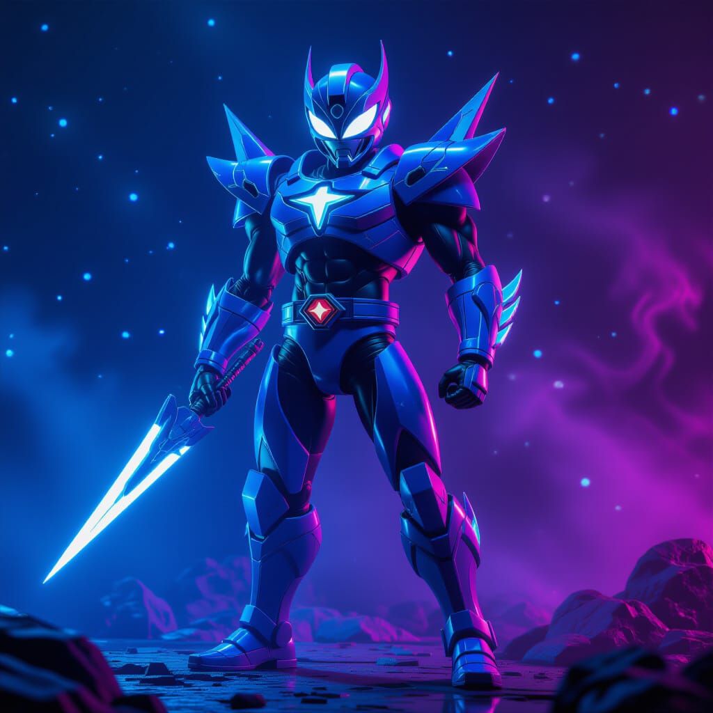 Cyberpunk Alien Guardian in Cosmic Blues and Purples