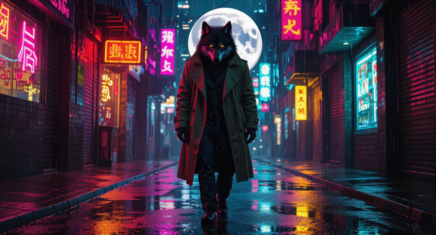 Werewolf Detective in Cyberpunk Neon Alleyway