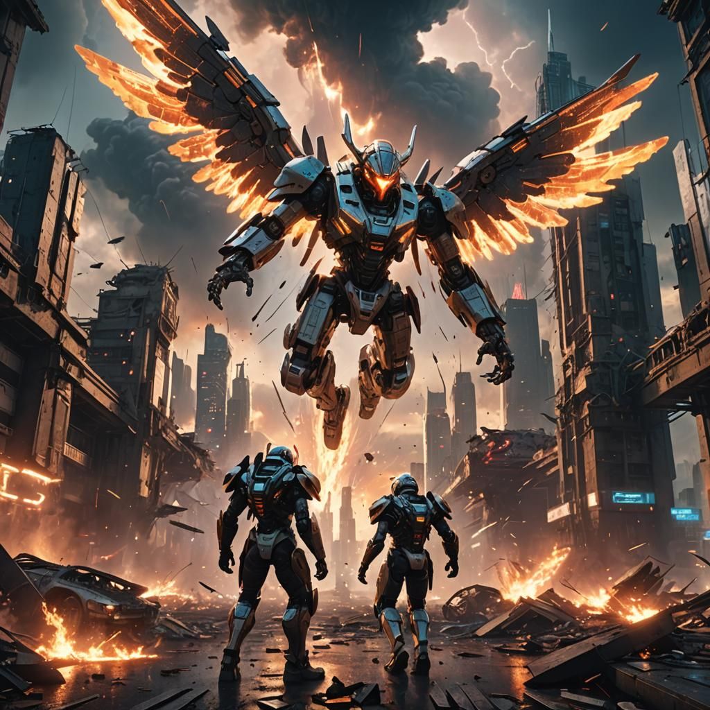 Angel and Devil Clash in Ruined Sci-Fi City