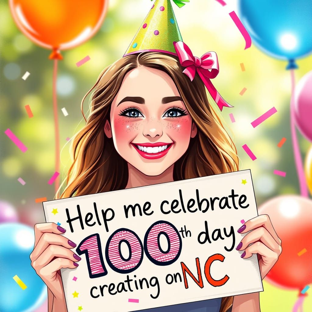 Joyful Woman Celebrates 100 Days of Creation in Vibrant Part...