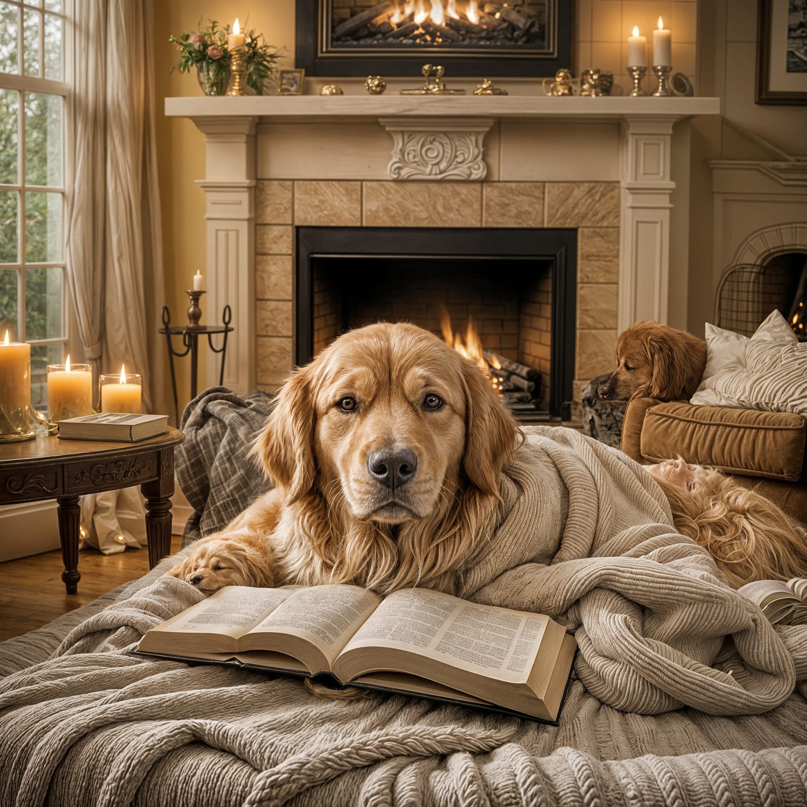 Golden Retriever Relaxing by Fireplace