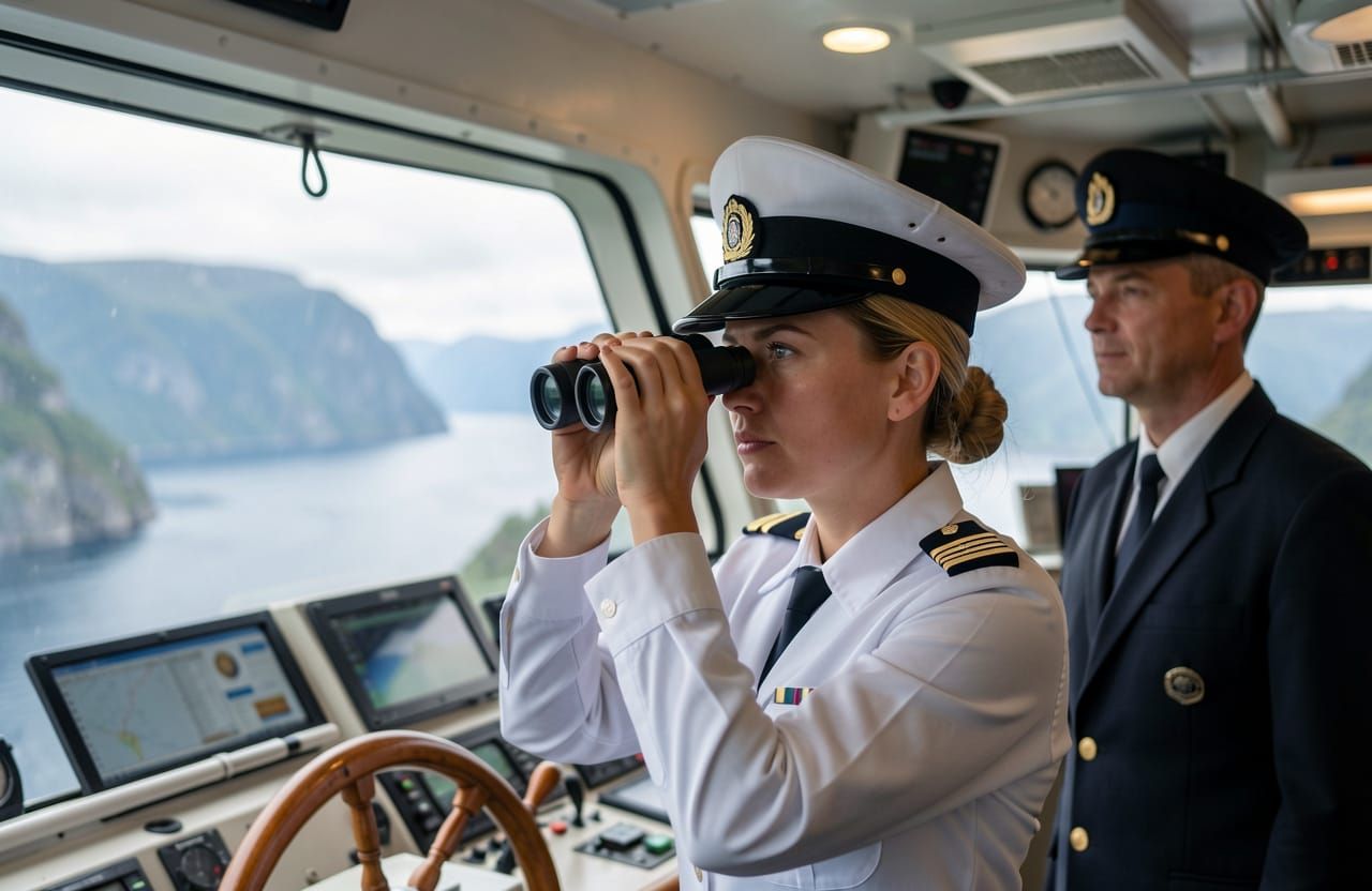 Norwegian Officer Surveys Geirangerfjord from Research Vesse...