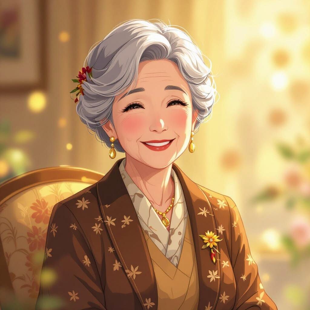 Smiling Grandmother in Heartwarming Anime Style