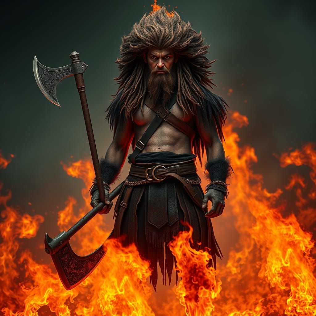 Fierce Warrior Engulfed in Flames with Fiery Gaze