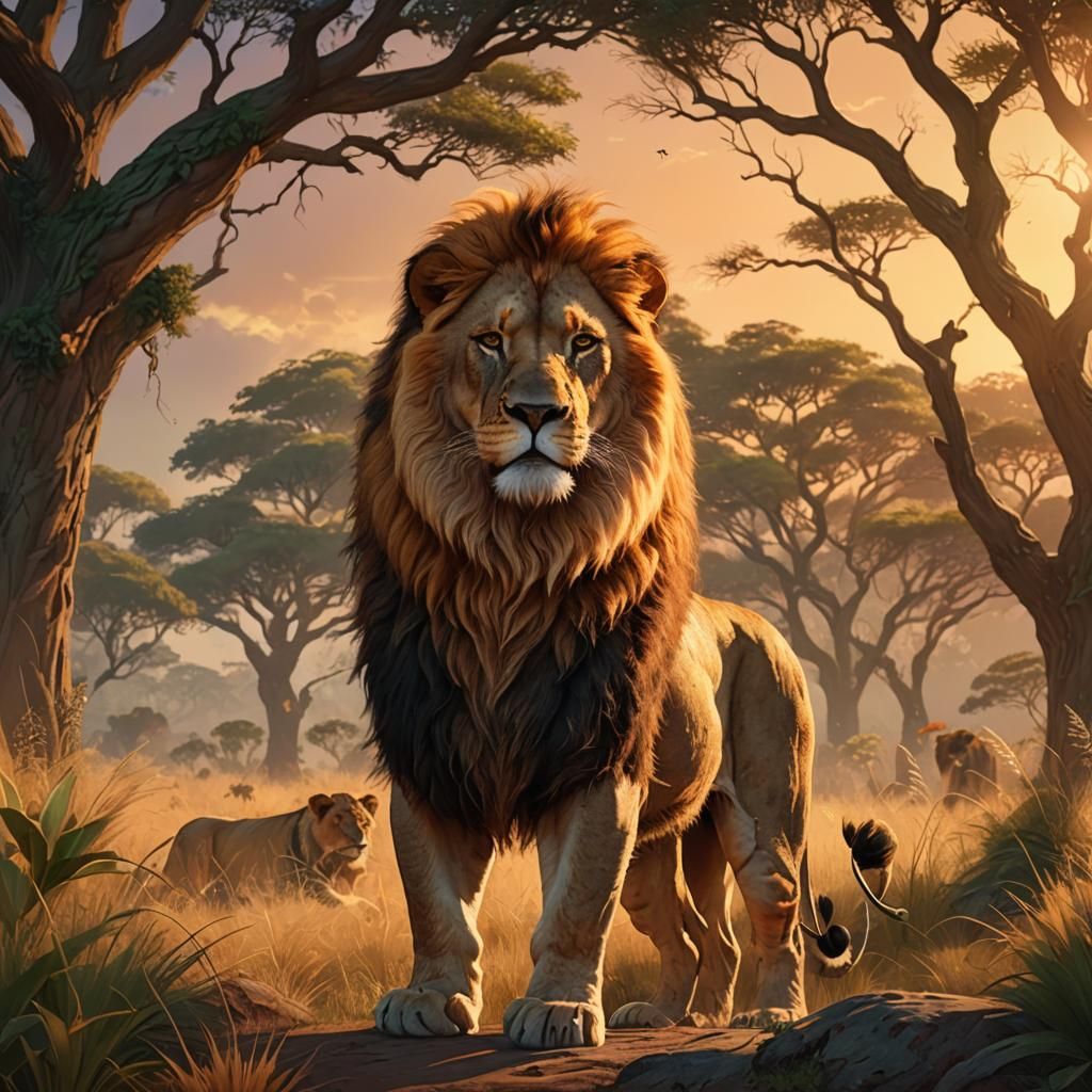 Majestic Lion in Mystical Savannah: Oil Painting