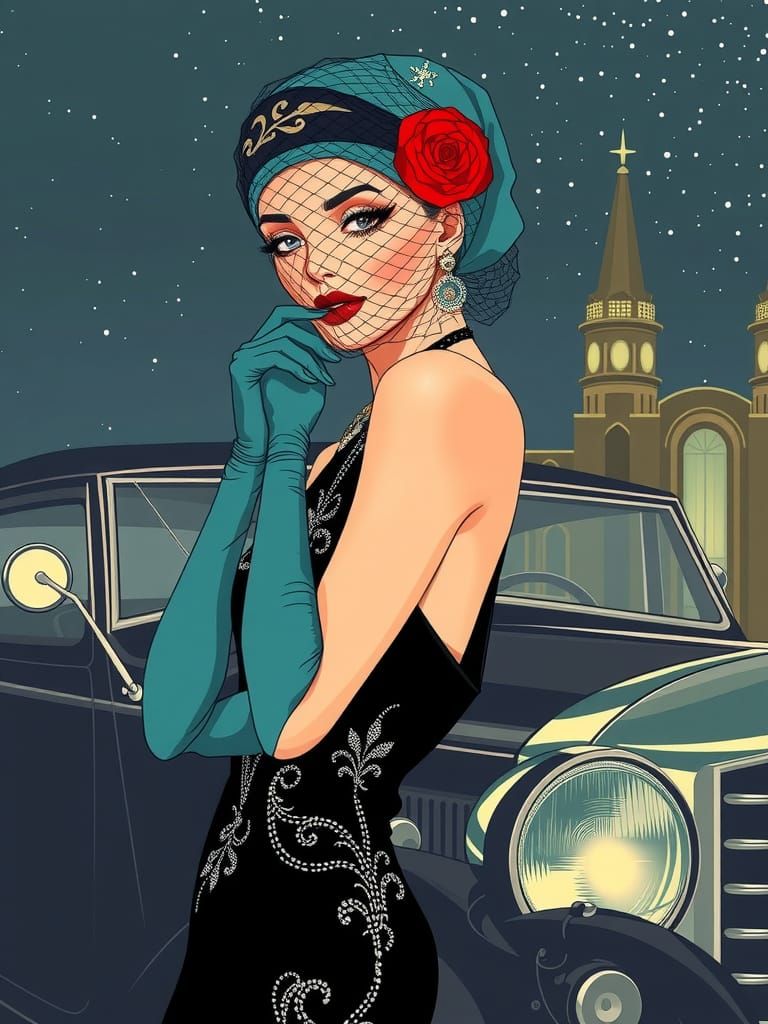 1920s Woman in Evening Gown with Art Deco Cityscape