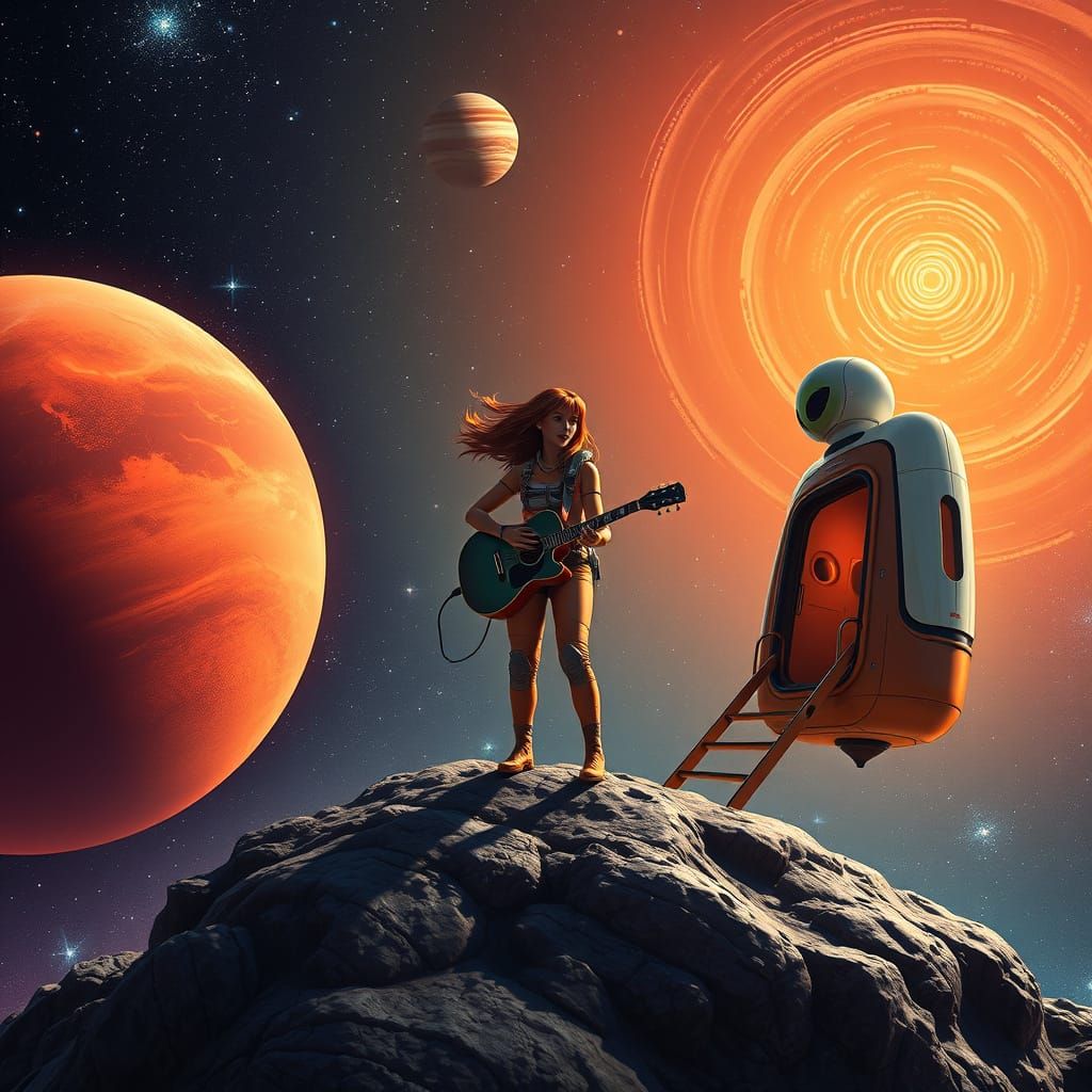 Astronaut with Guitar and Surfboard on Asteroid