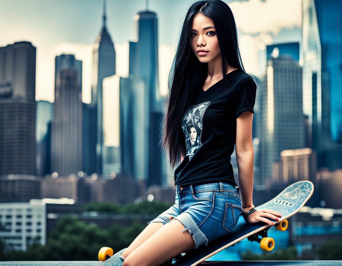 Skateboarder Girl in Cityscape, Hyperrealistic Style