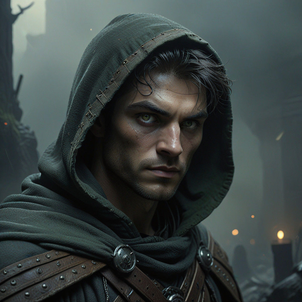 Human Rogue in Grey Cloak: Moody Oil Painting Portrait