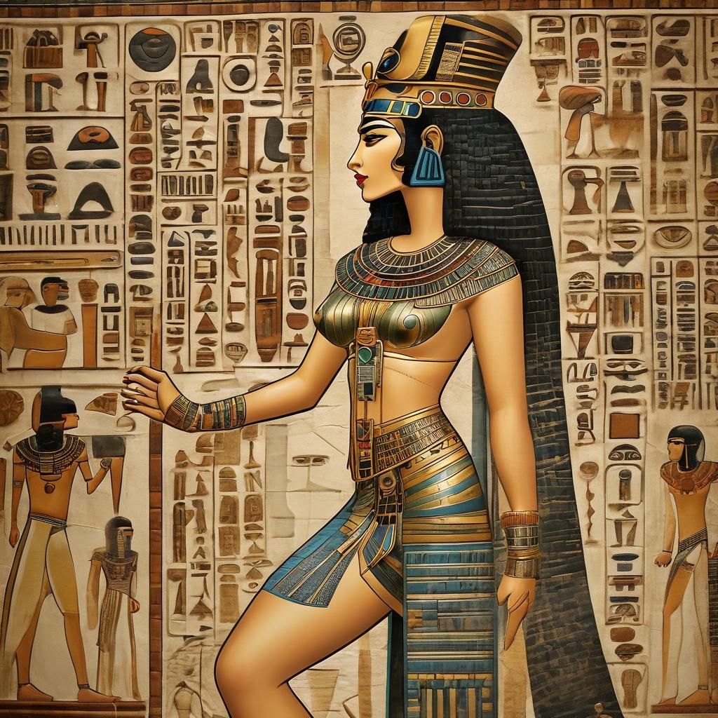 Cleopatra Posing with Hieroglyphs: Digital Art