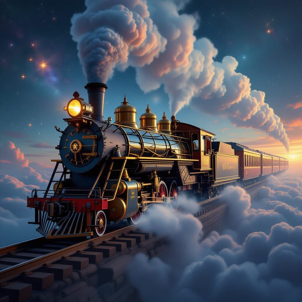 Steampunk Locomotive Drifting Through Cosmic Nebula