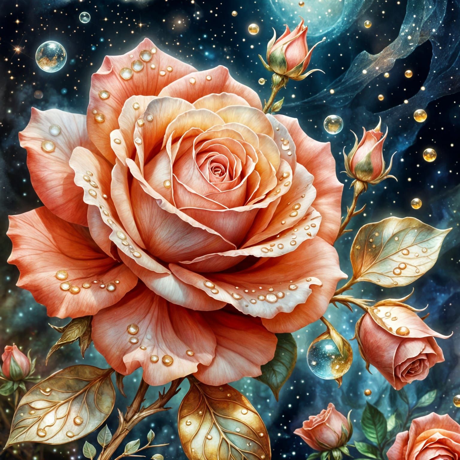 Coral Rose with Golden Leaves in Anime Realism