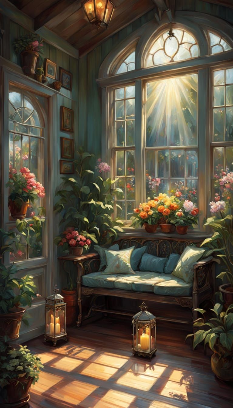 Surreal Oil Painting of a Cozy Sunroom