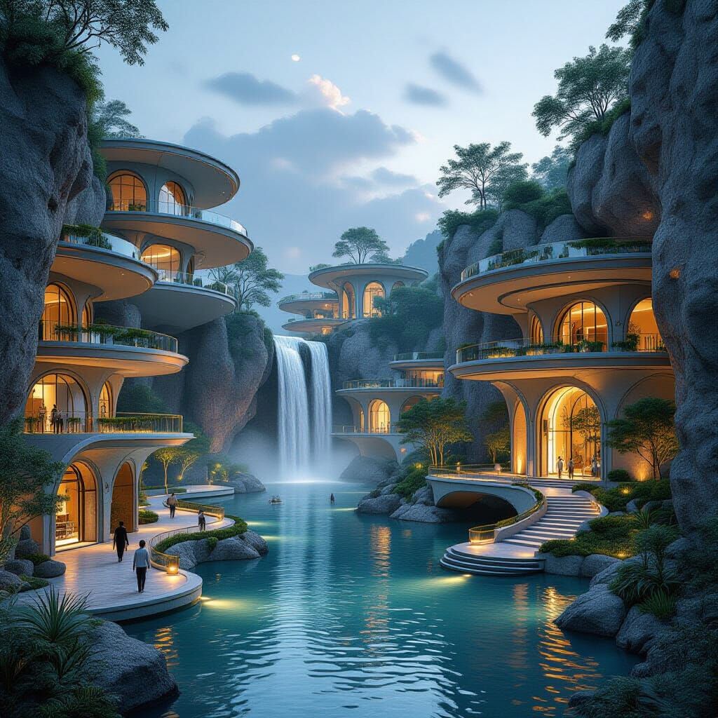Futuristic Hillside Architecture with Waterfall at Twilight