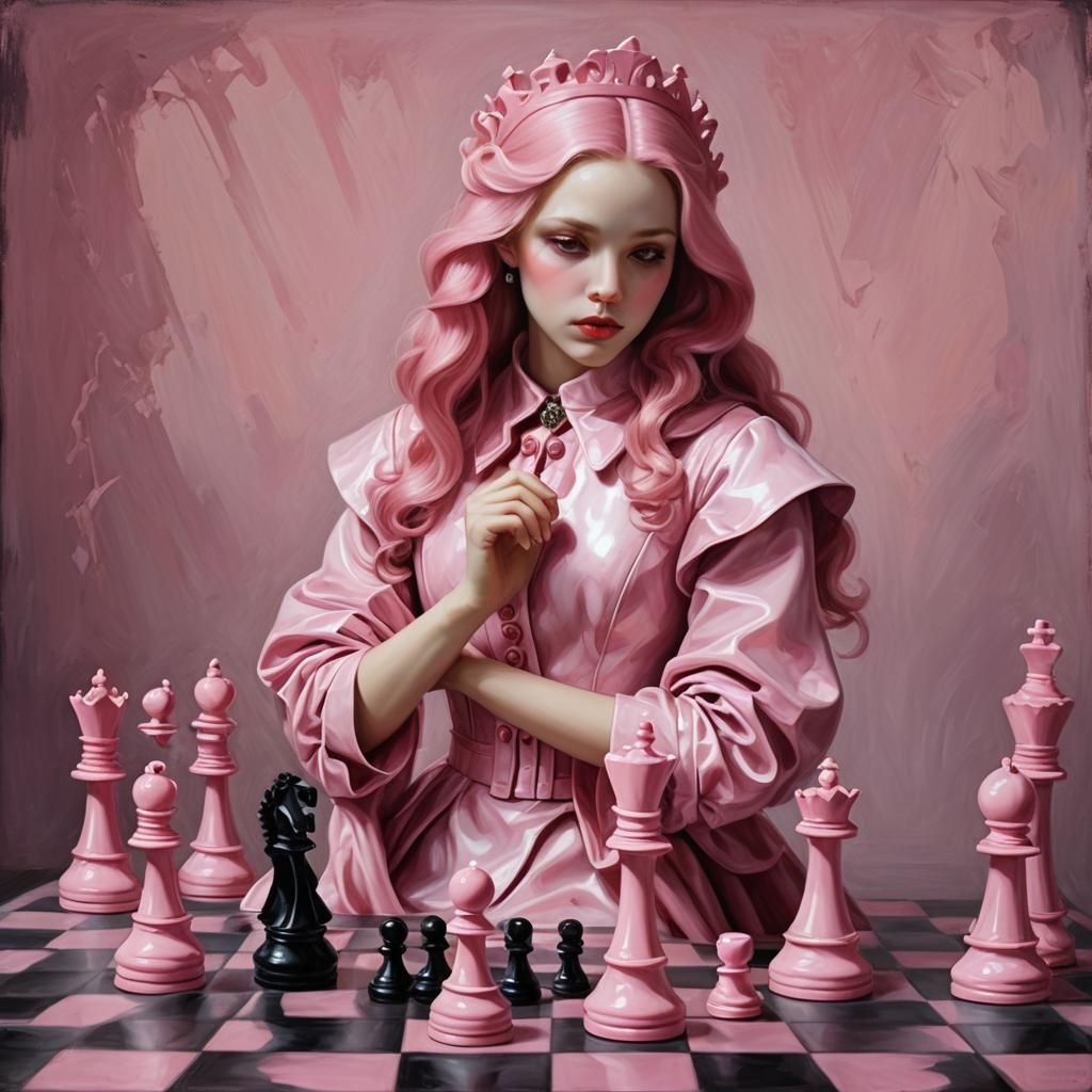 Style: Oil on canvas, whimsical and sweet color palette. Composition: pink marble chess piece. Background: poisoned tria...