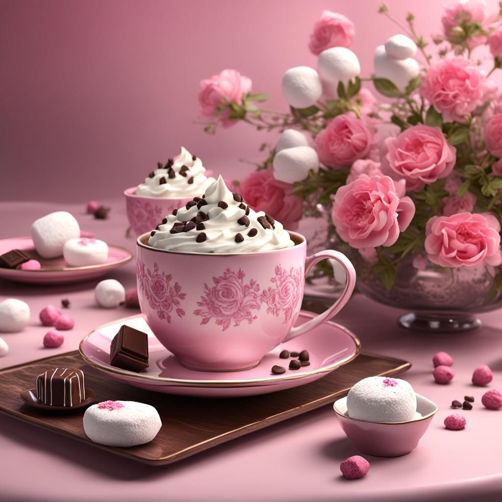 Fancy Pink Coffee Cup with Marshmallows, 8k