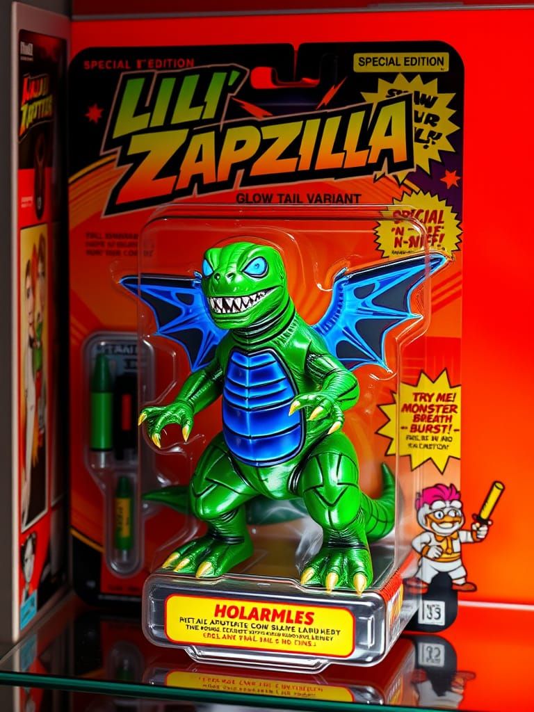 Vibrant Neon Green Baby Kaiju Action Figure in Retro Blister...