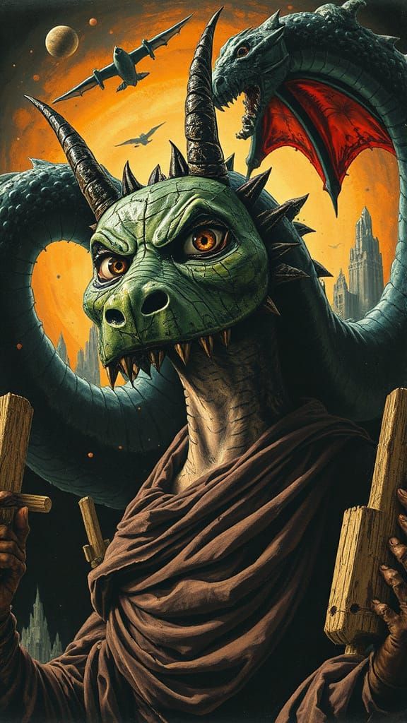 Dragon Mage in Nightmarish Landscape, Paolozzi Collage Style