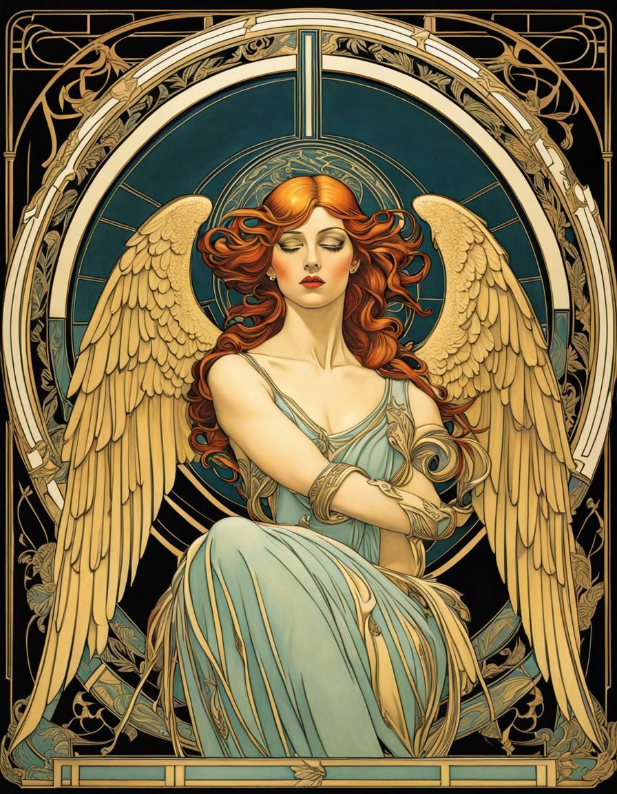 Art Deco Fallen Angel in Mucha Style