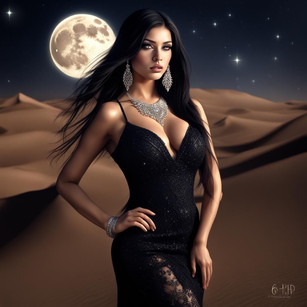 Moonlight in the desert and a beautiful woman
