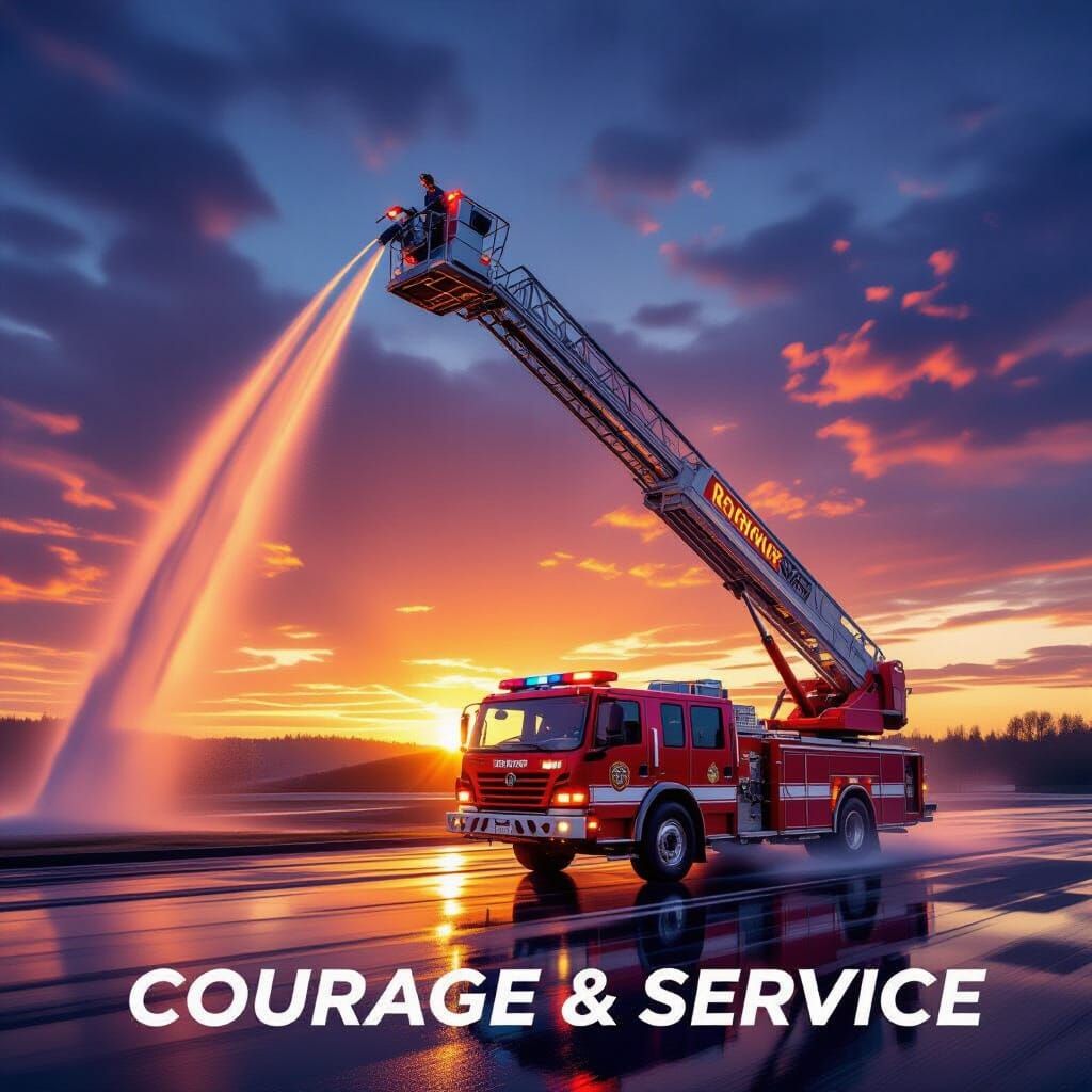 Rosenbauer Ladder Truck in Dramatic Sunset Sky