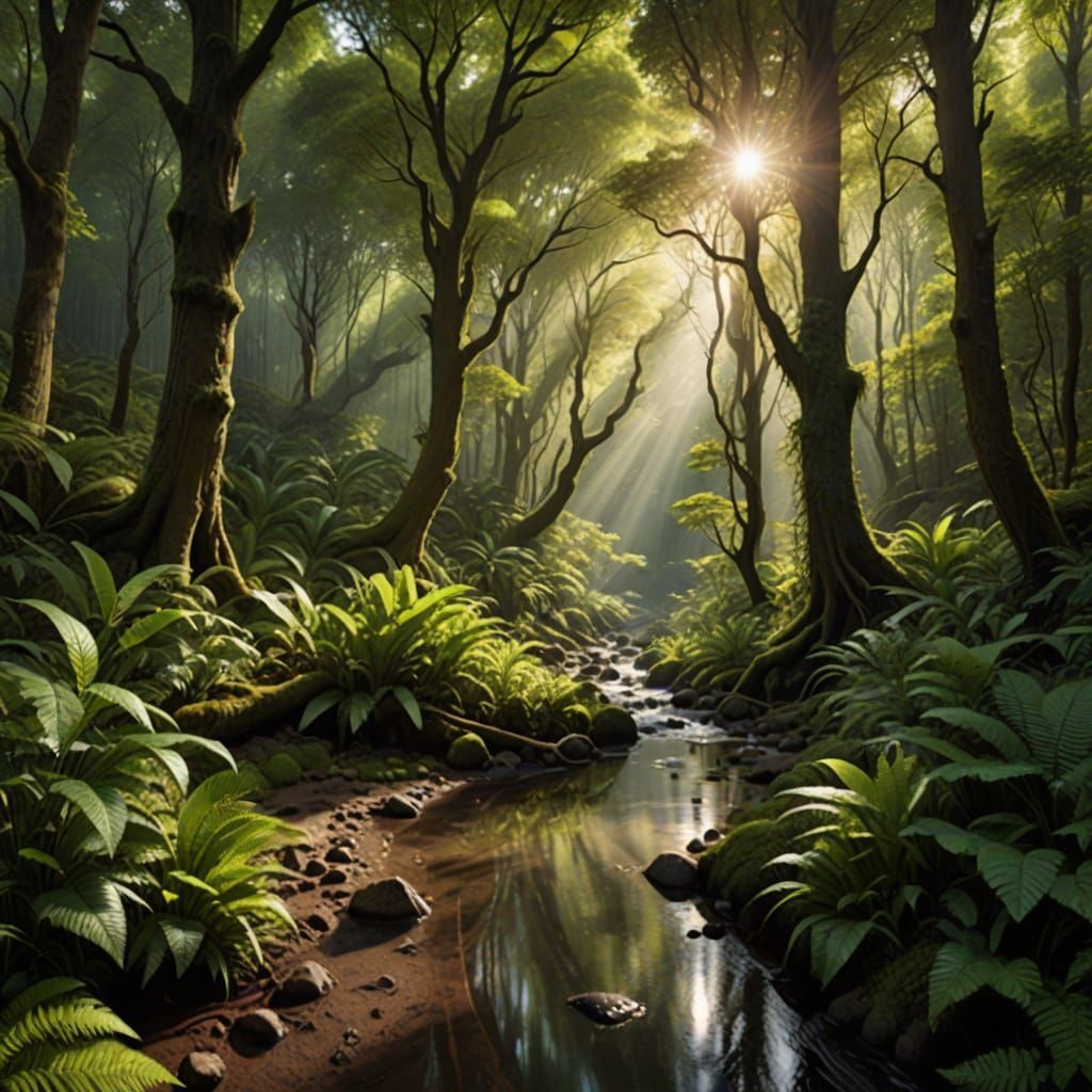 Sunlit Stream Through Forest Matte Painting