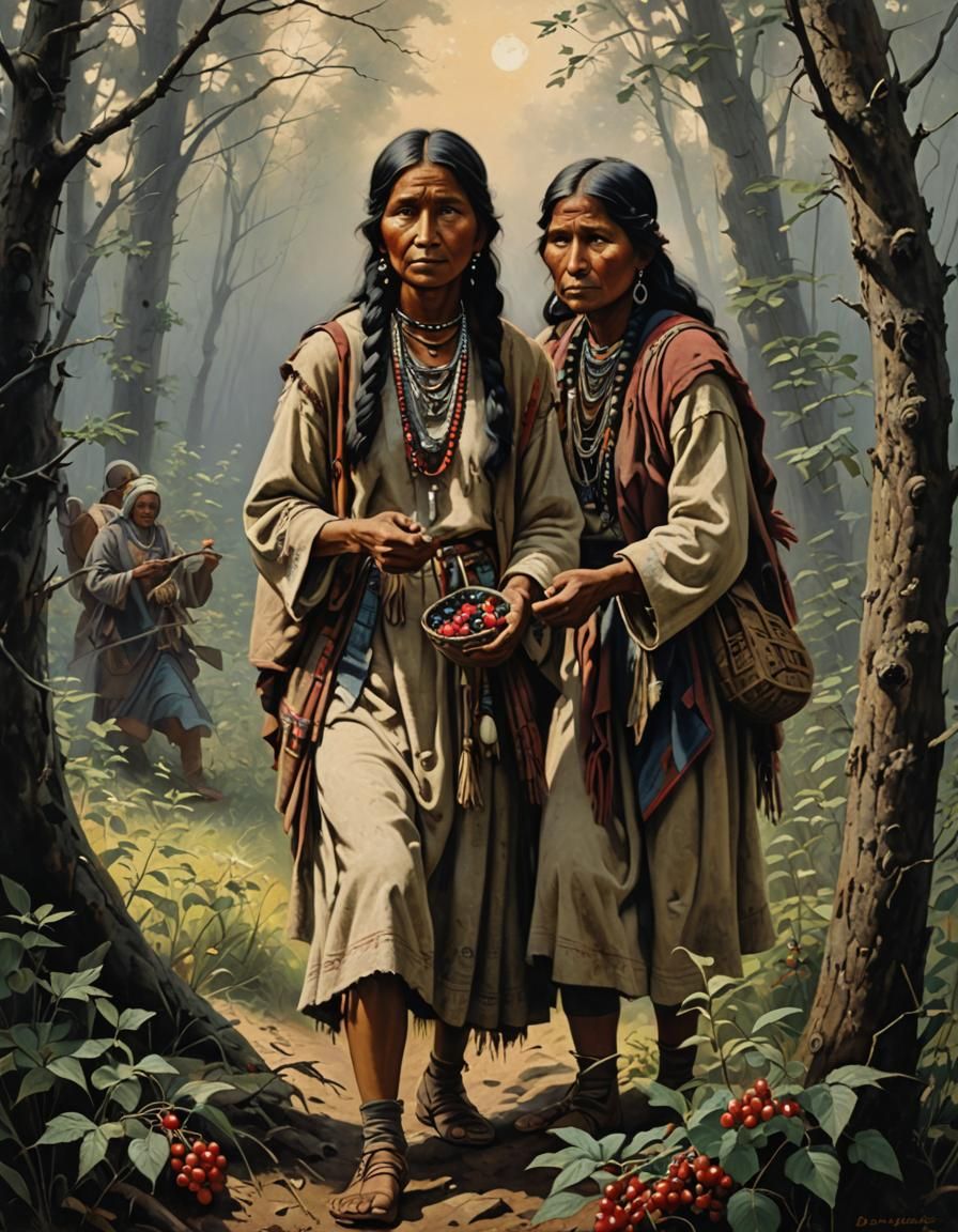 Mono Women Gathering Berries in 1930s Oil Painting
