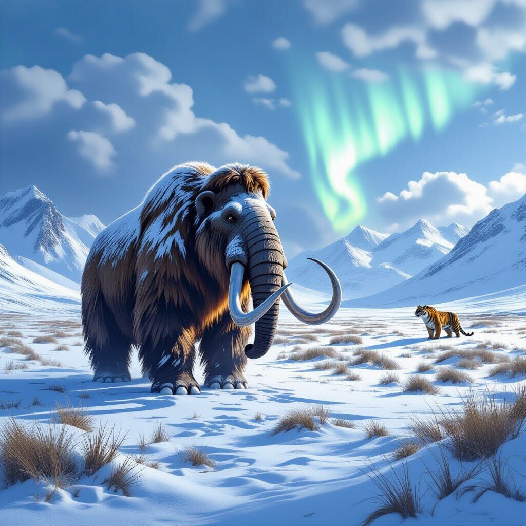 Woolly Mammoth on Ice Age Tundra, Photorealistic