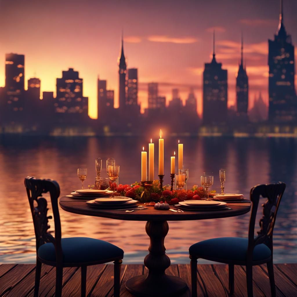 Romantic City Dinner at Sunset in Detailed Matte Painting