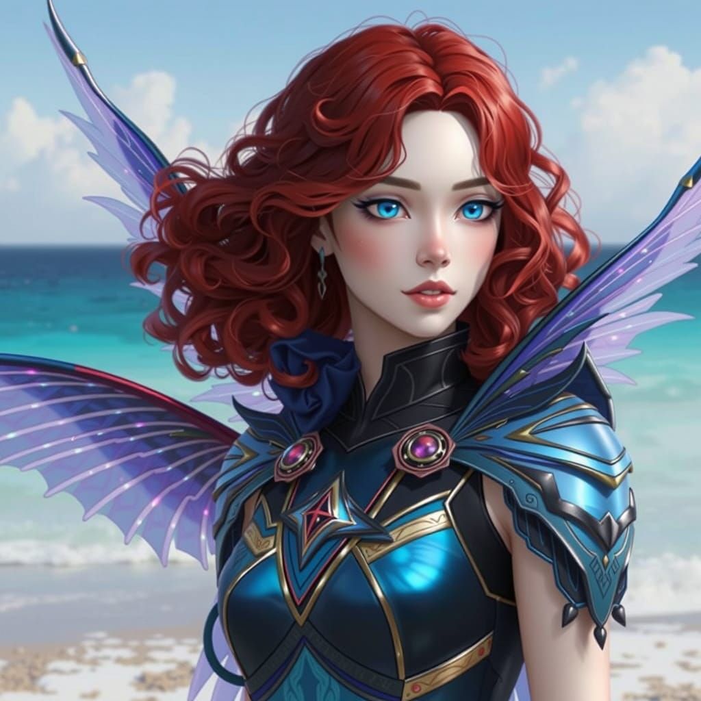 Anime-Inspired Vampire Goddess with Fae Wings on a Serene Be...