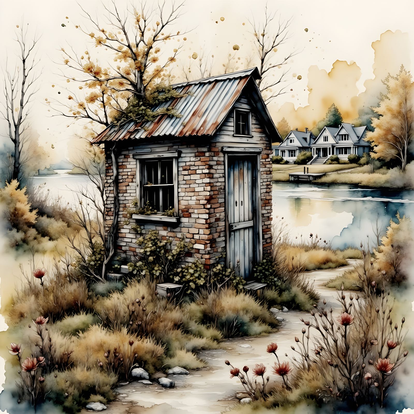 Watercolor Outhouse Painting with Urban Sprawl Contrast