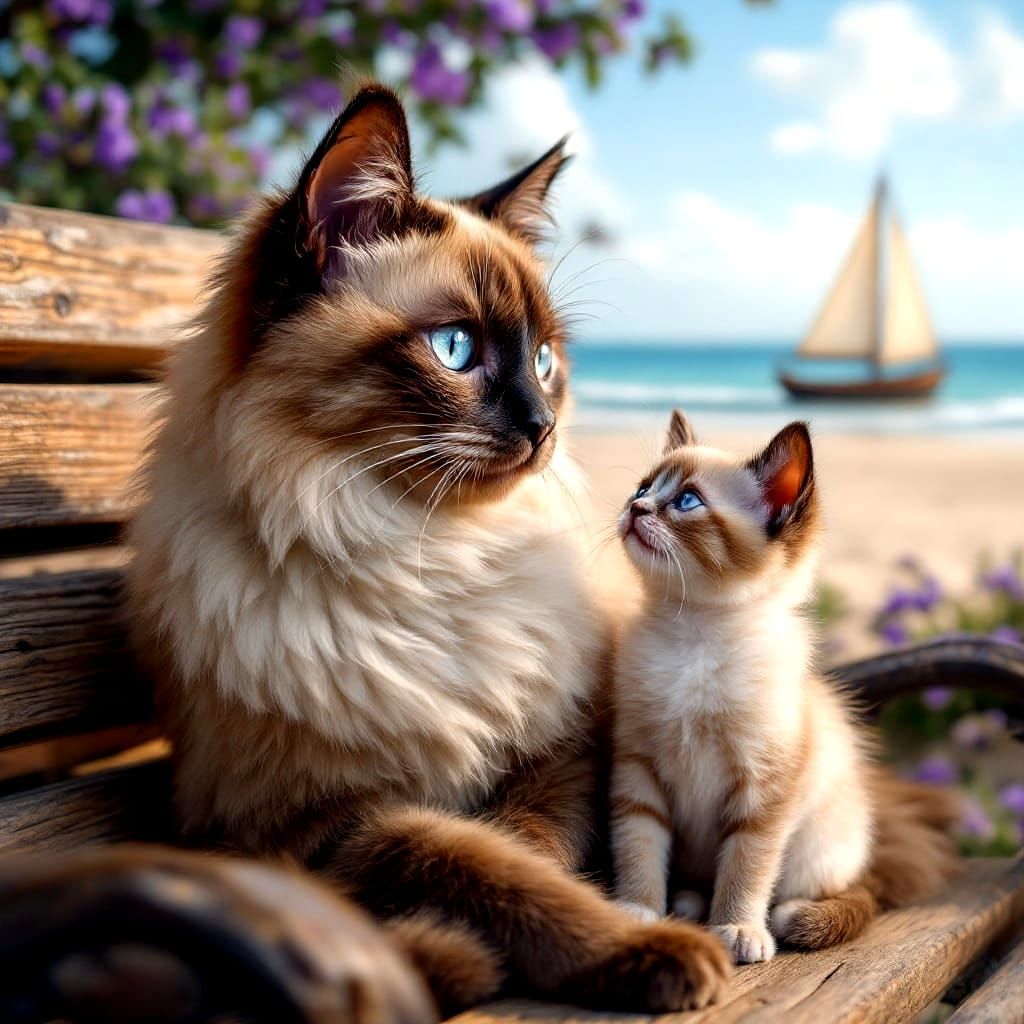 Siamese Cats and Kitten on Beach Bench