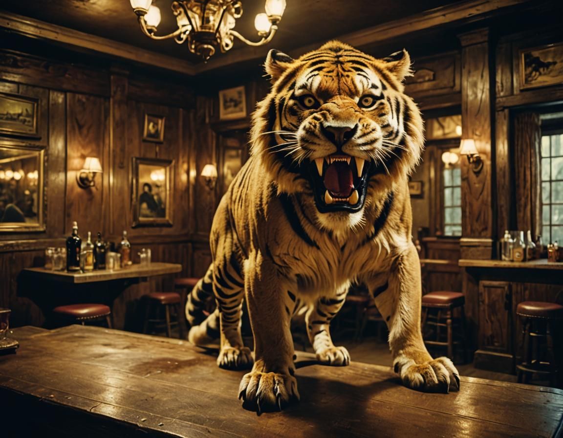 Sabertooth Tiger in Saloon: A Vintage Cinematic Still
