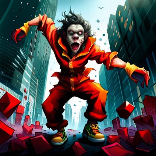 Zombie Monkey Clown Cityscape in Comic Art Style