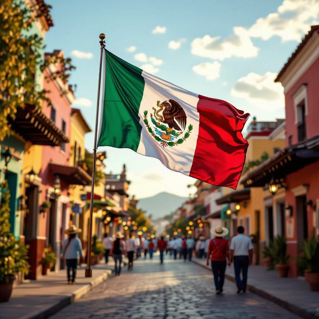 Majestic Mexican Flag Waving Over Vibrant Street Scene