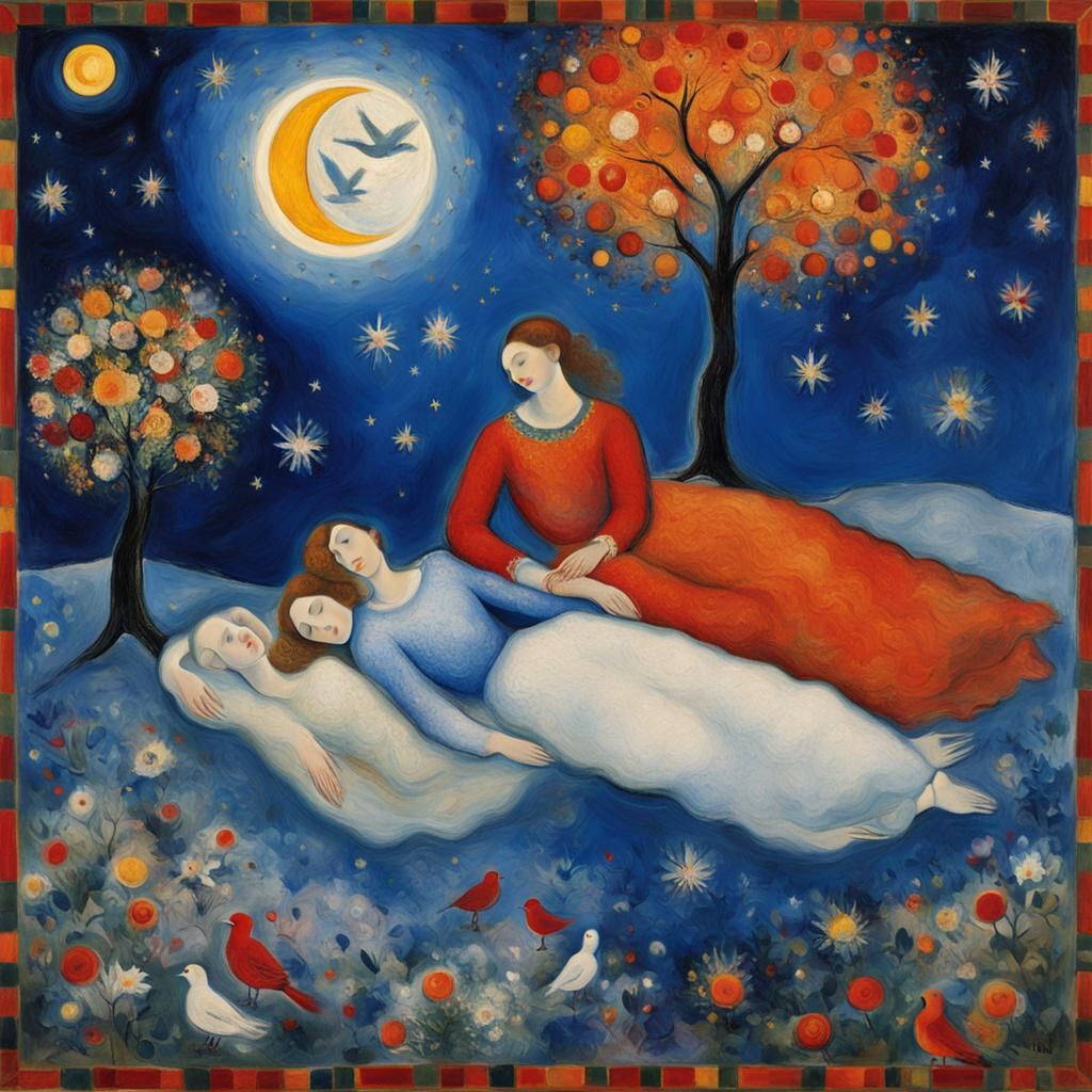 Couple Floating Among Stars in Dreamlike Painting