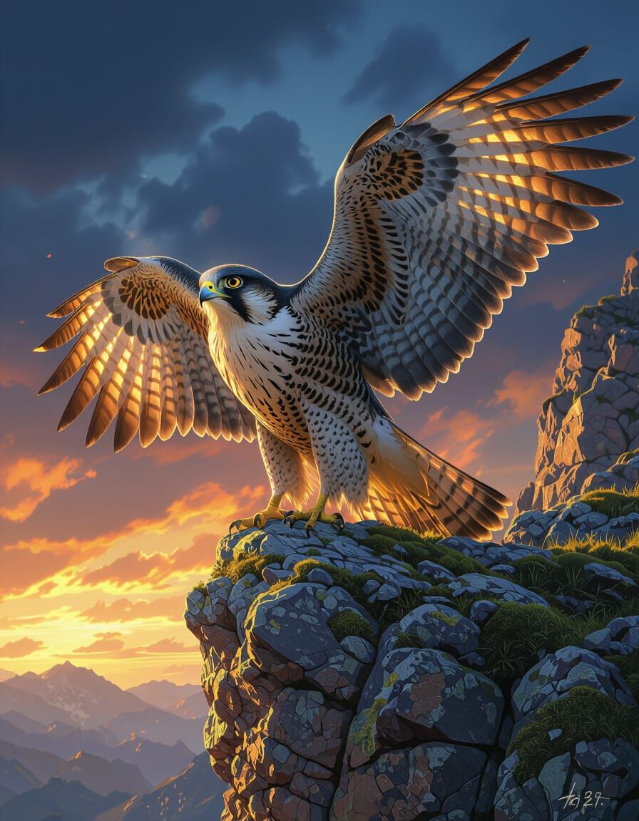Majestic Falcon on Cliffside in Hyper-Detailed Digital Paint...