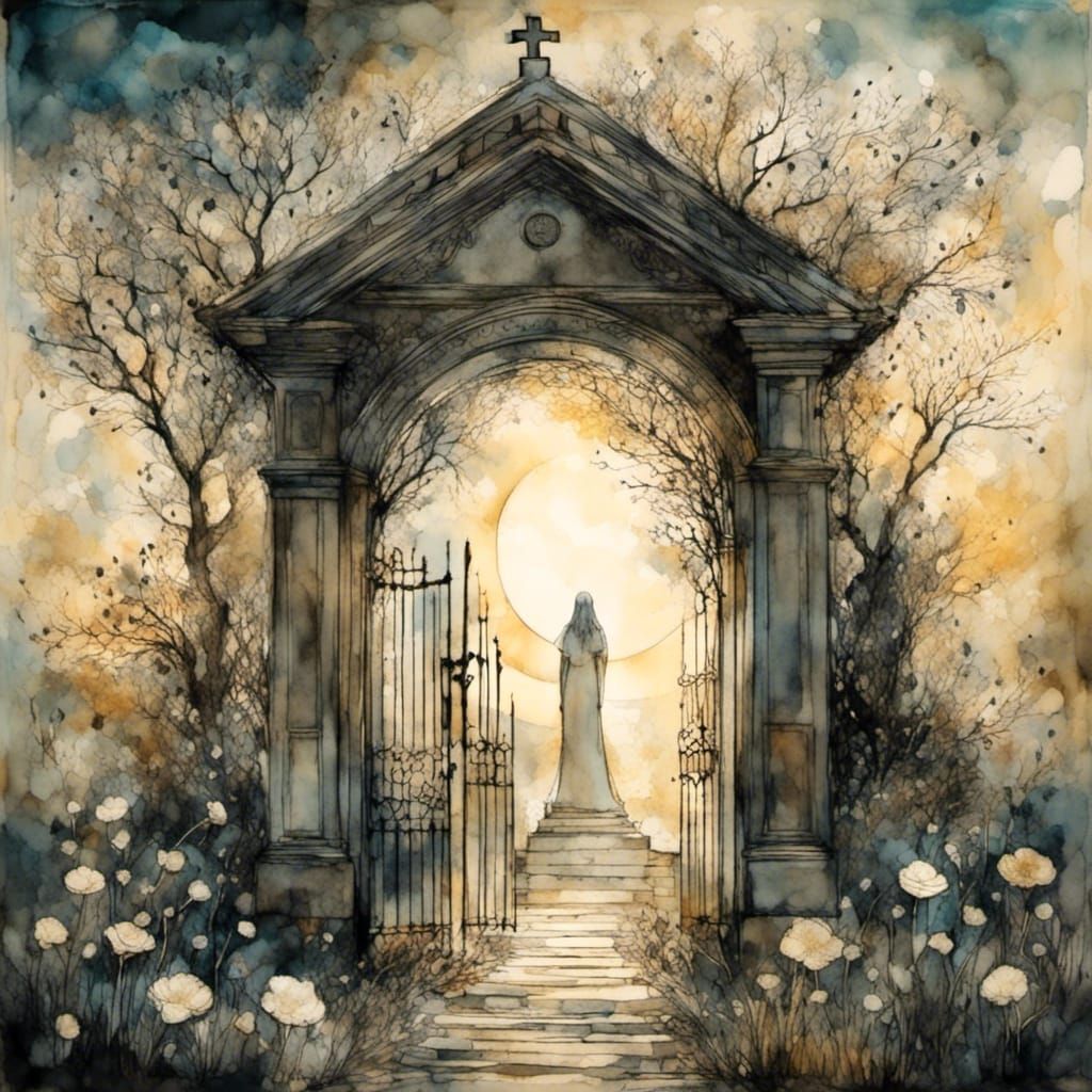 Mausoleum Wanderer in Cemetery with Ethereal Light