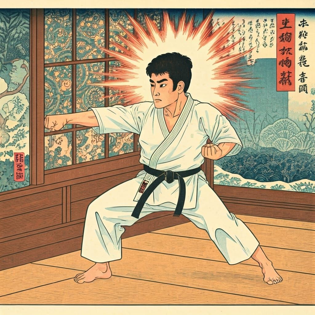 Karateka's Explosive Punch: An Ukiyo-e Woodblock Print