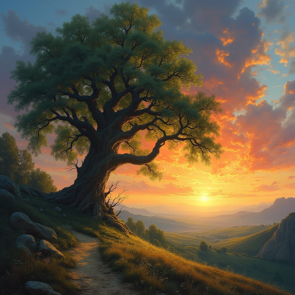 Majestic Tree in Vibrant Fantasy Landscape with Dawn Sunburs...