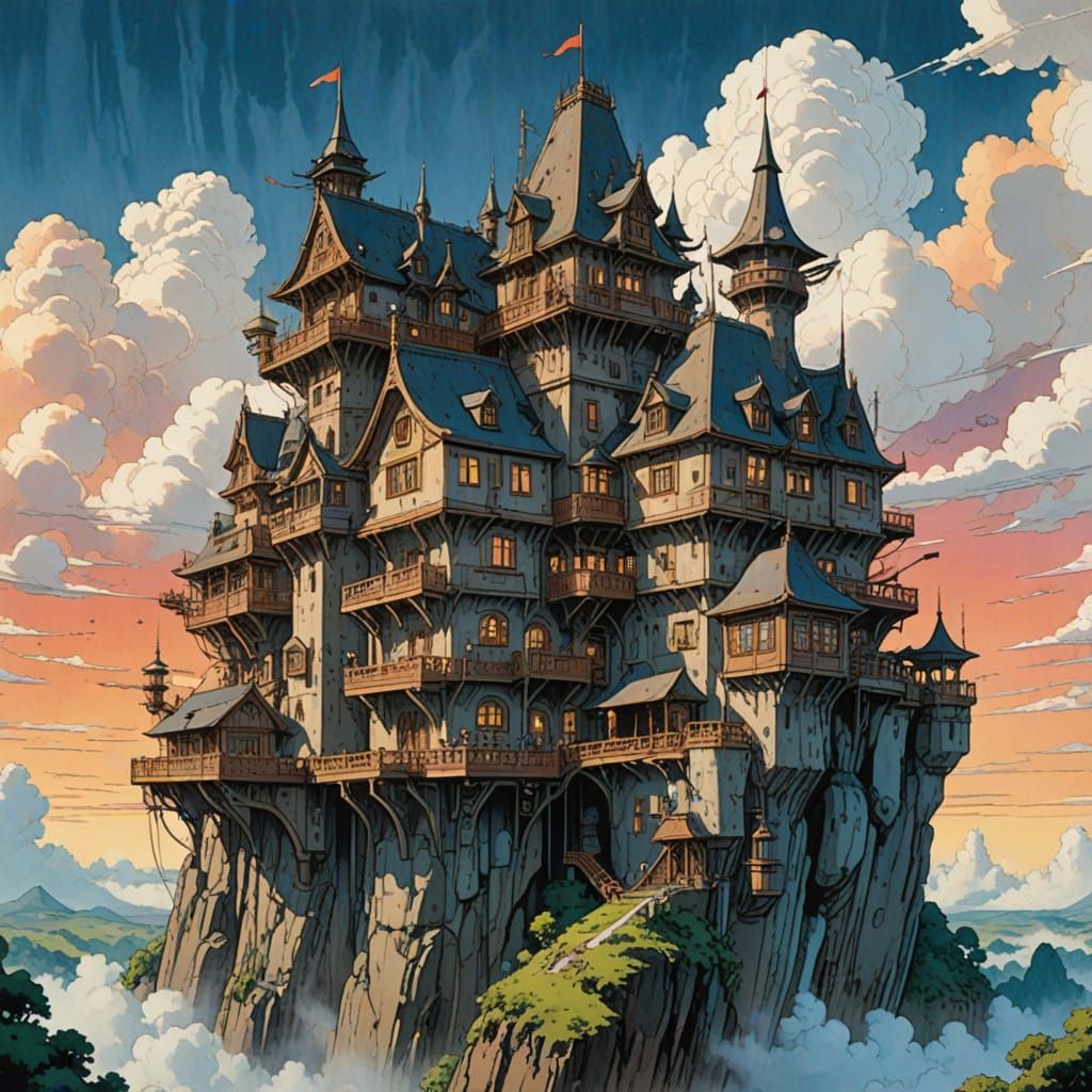 Steampunk Castle Whimsy in Miyazaki's Watercolor Style