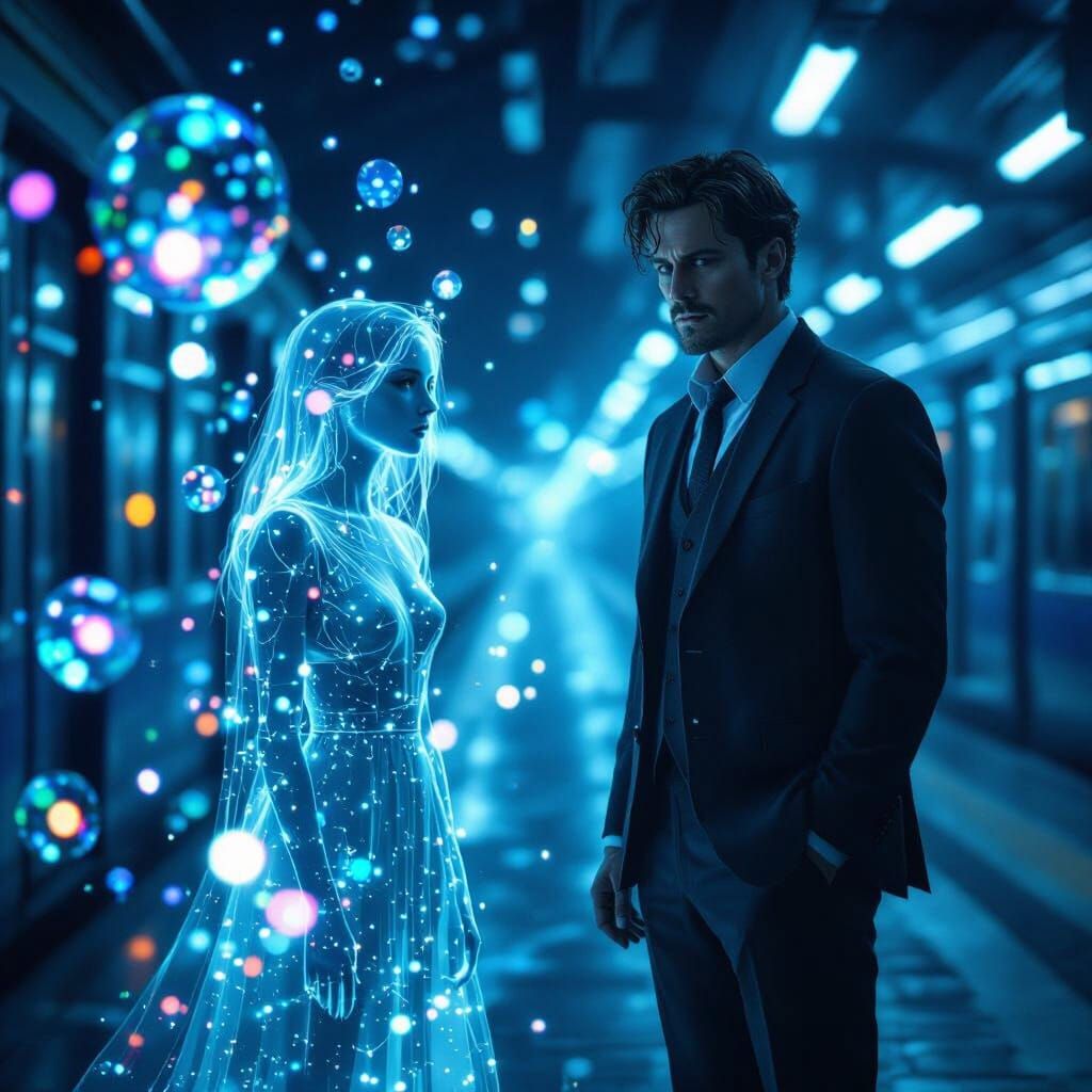 Ethereal Encounter on a Midnight Train, as Matte Painting