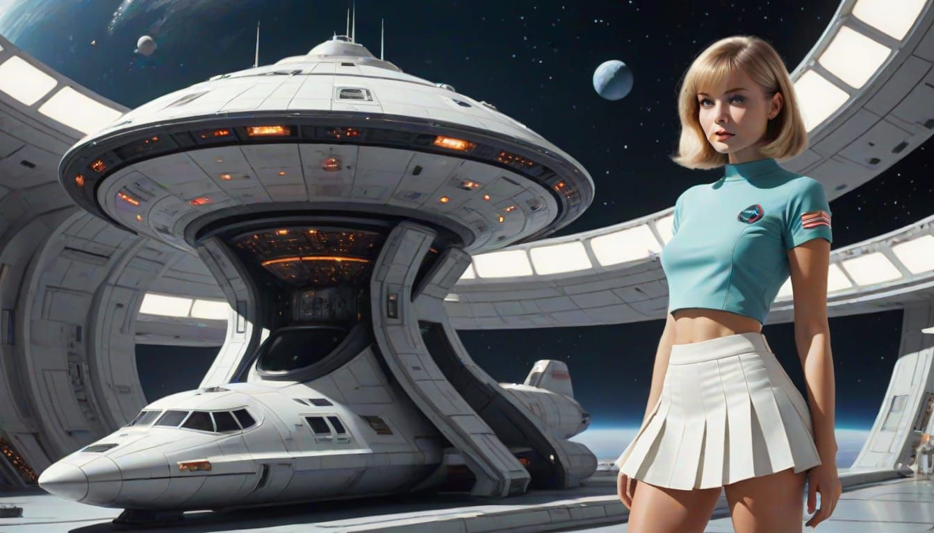 Space Age Girl in Futuristic Mini Skirt with Retro Sci-Fi St...