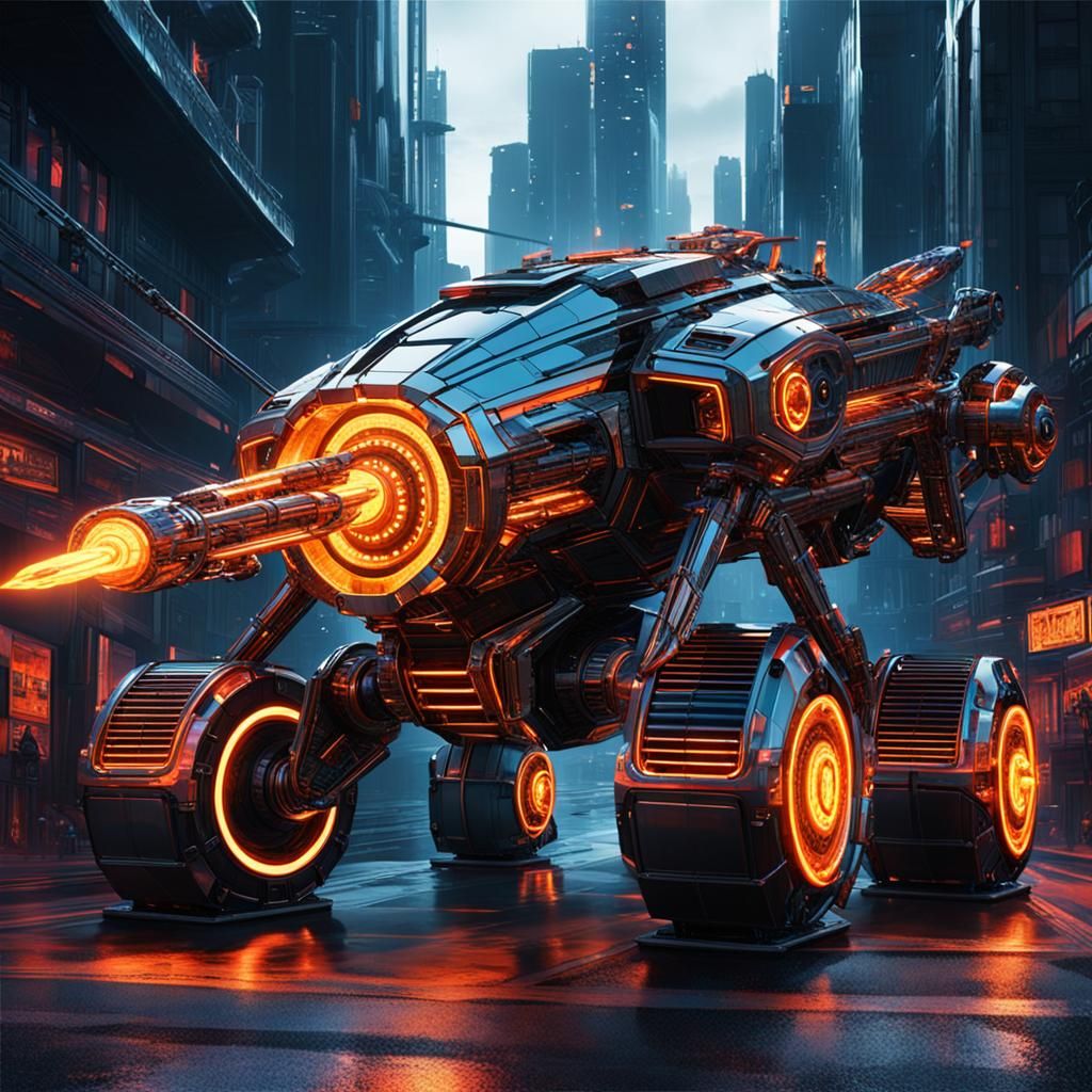 Futuristic Fire Catapult Weapon on Colossal Wheels