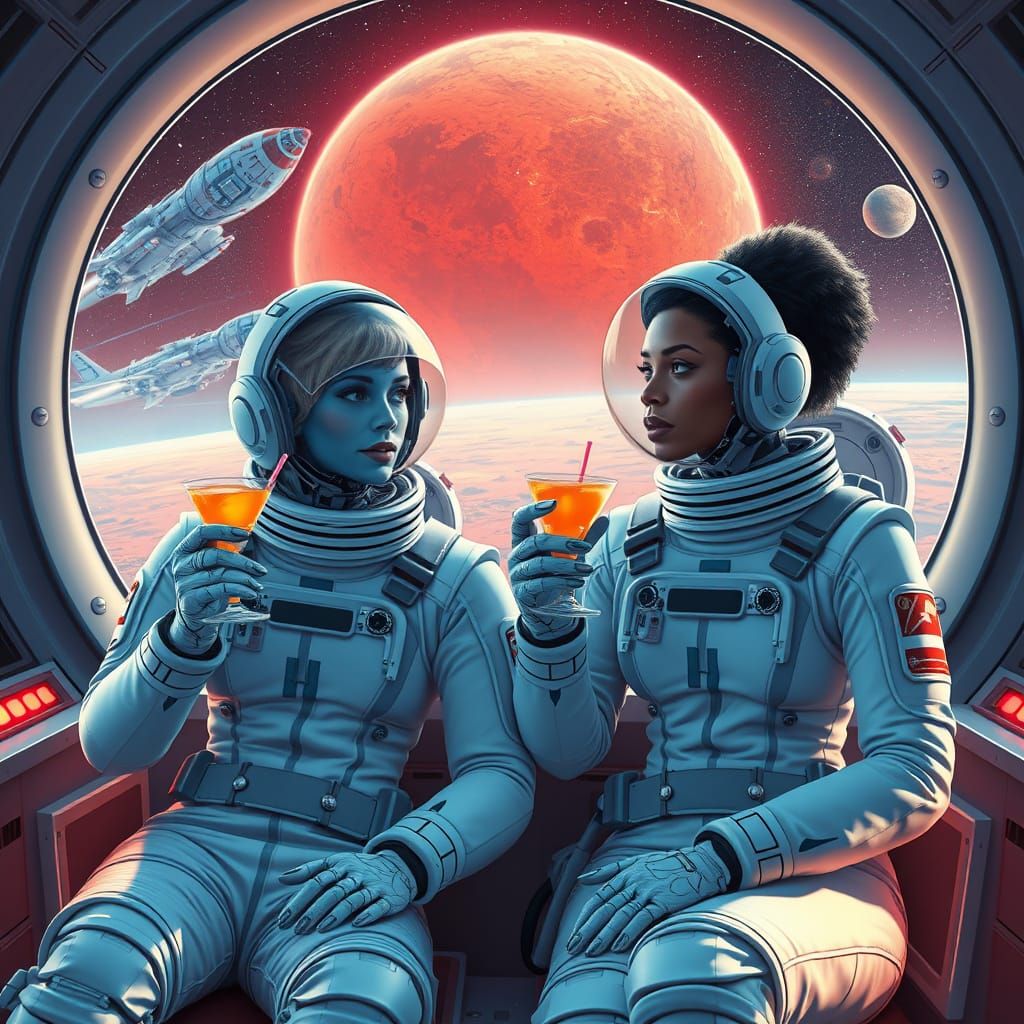 Astronautinnen in Futuristischem Raumcafé am Rande des Sonne...