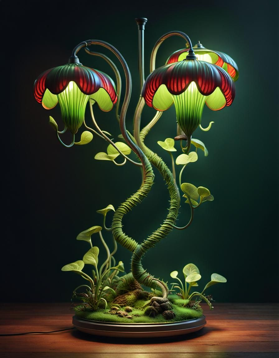 "A tree-shaped lamp similar to a Biopunk Carnivorous Plant , the leaves of the lamp are bent downwards , open and lit up...