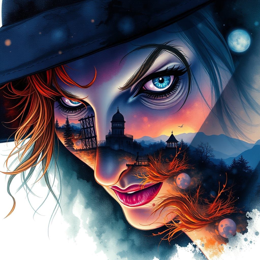 Witch Face Double Exposure with Midnight Landscape