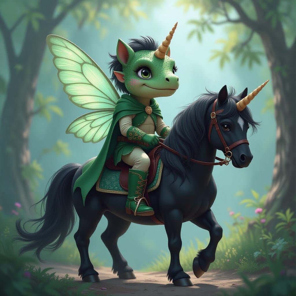 Dinosaur Fairy Riding a Black Unicorn