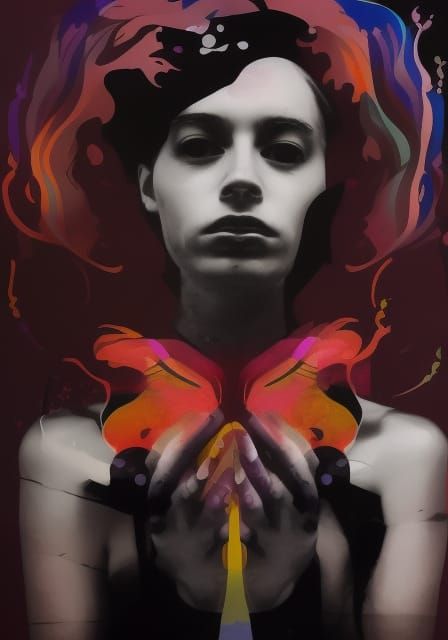 Double Exposure: Girl and Celestial Soul in Gouache