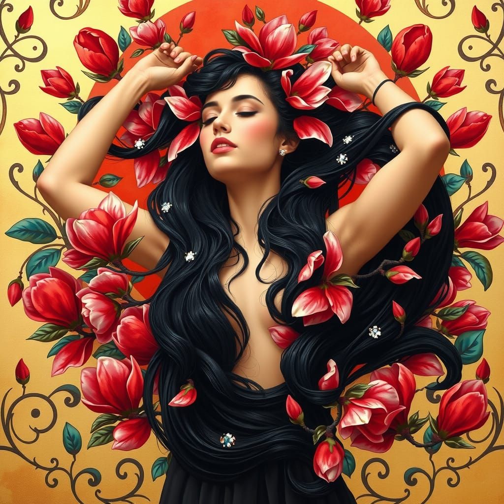 Majestic Woman in Crimson Floral Halo